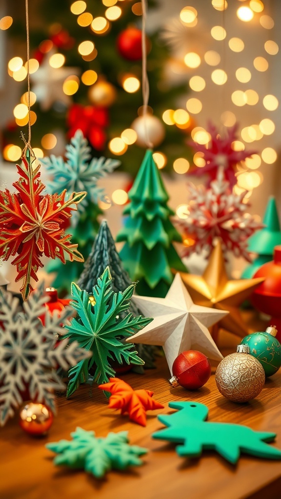 DIY 3D Christmas Decorations Colorful 3D Christmas decorations including paper snowflakes, cardboard stars, and ornaments on a wooden table with fairy lights.